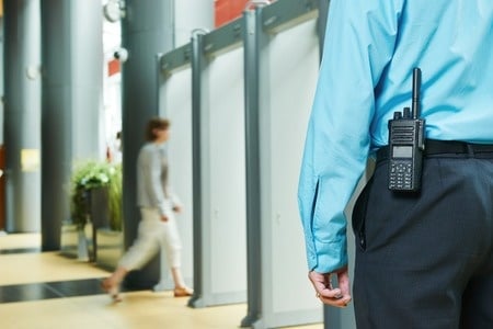 The image shows a security guard patrolling a business.