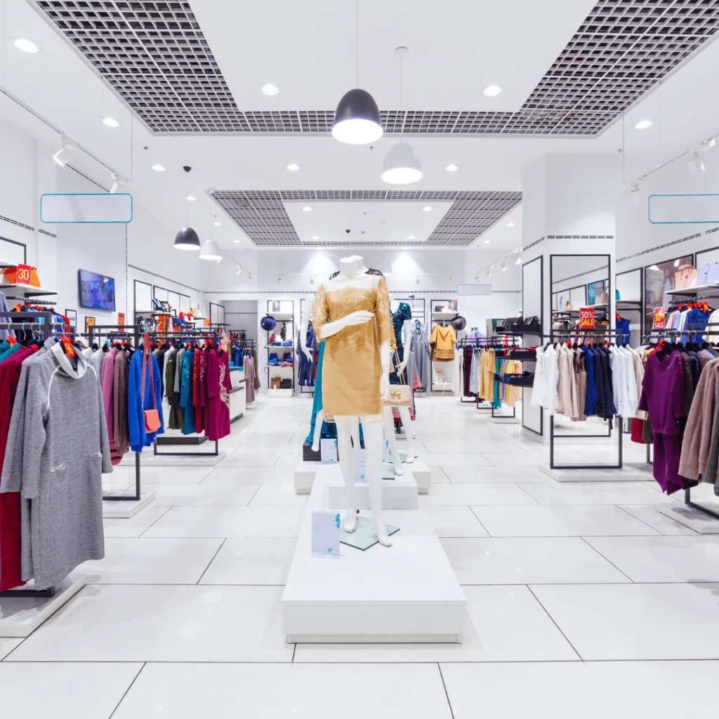 The inside of a retail store with clothes on hangers and mannequins wearing clothes