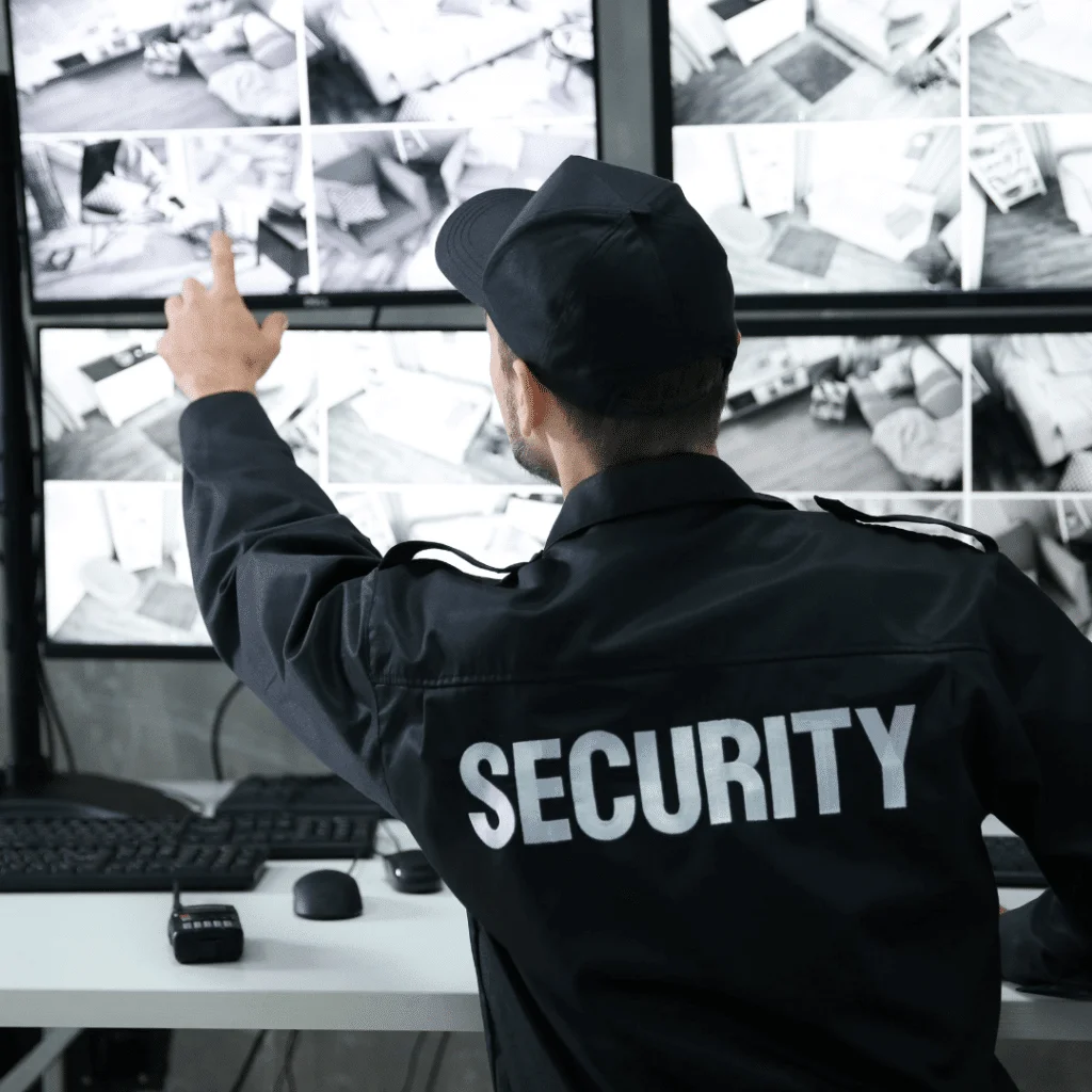 A man in a security guard uniform pointing at security camera footage displayed on a television